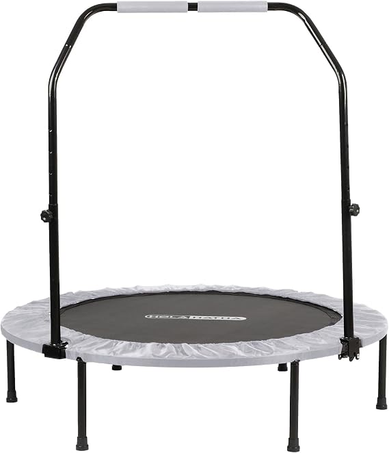 HolaHatha 48-Inch Foldable Mini Trampoline Fitness Rebounder for Home Gym Workouts, White with 5-Level Adjustable Handle, Heavy-Duty Steel Frame, Portable Design, and Supports up to 440 Pounds