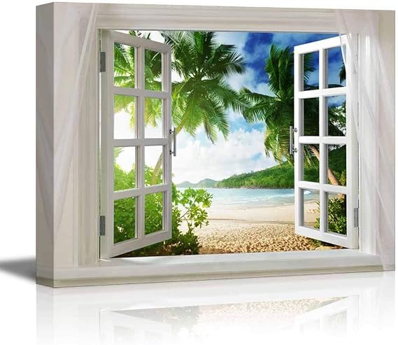wall26 Glimpse into Beautiful Tropical Beach with Palm Trees Out of Open Decoration Stretched Gallery Canvas Wrap Giclee Print & Ready to Hang - 32" x 48"