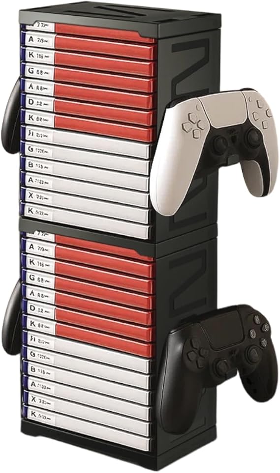 Game Storage Tower Universal Game Storage Rack Vertical Stand Holds 24 Discs for PS5 Xbox Series X/S Switch with Controller Hook Double Layer Storage Black