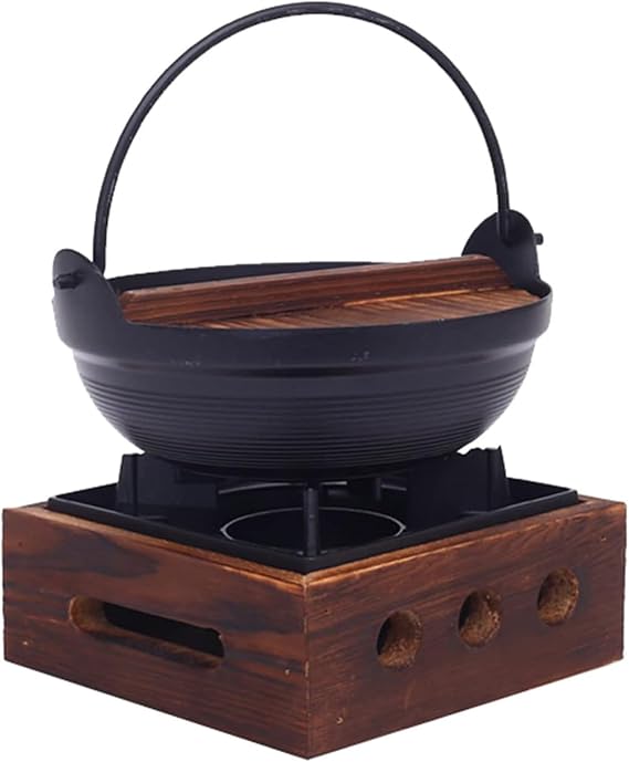 Japanese Style Cast Iron Shabu Shabu Hot Pot Sukiyaki Nabe with Wood Lid and Cooking Stove Traditional Nonstick Cookware Serveware for Sukiyaki Noodle Ramen Soup,28cm/11inch