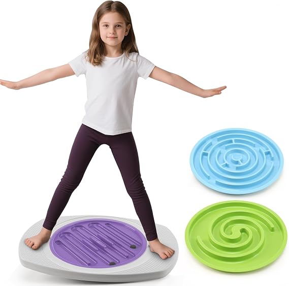 Balance Board with Maze for Kids, Labyrinth Wobble Board Rocking Seesaw Sensory Training with 2 Balls & 2 Replacement Labyrinth Disks, Non-Slip Pedals Indoor Outdoor for Boys Girls
