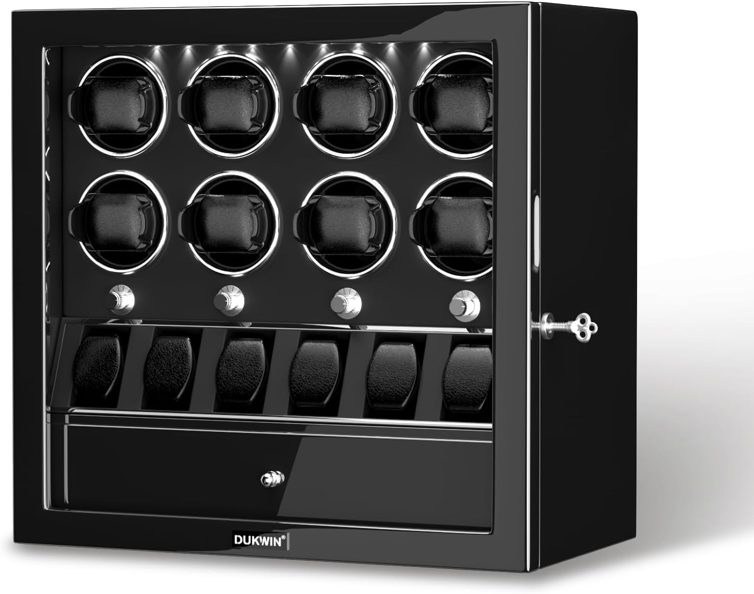DUKWIN Watch Winder for 2/4/6/8 Automatic Watches, Lockable Watch Winder with Jewelry Storage, Quiet Mabuchi Motor with Piano Lacquer Finish, Built-in Illumination