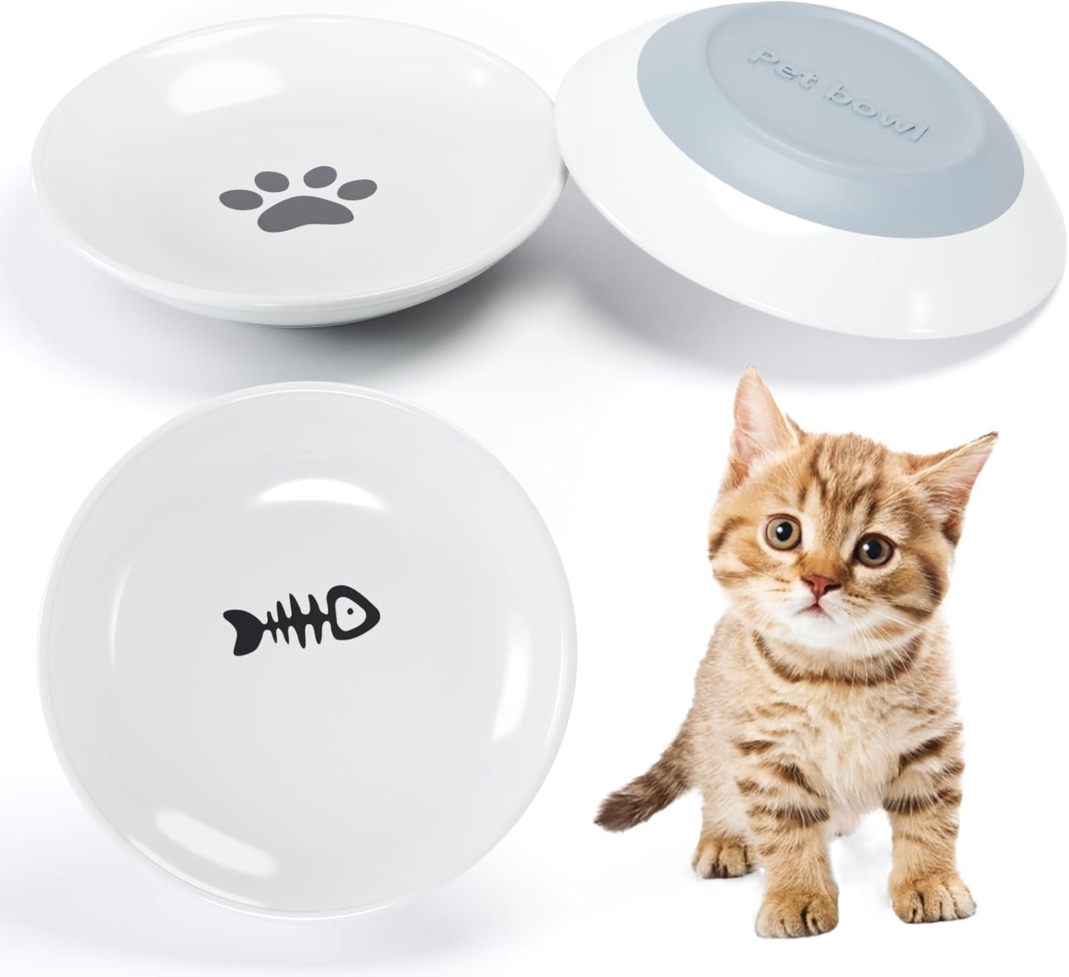 Cat Bowls,Ceramic Cat Food Bowl Whisker Fatigue Shallow Cats Dishes for Food and Water,with Non-Slip Silicone Kitten Bowls for Indoor Cats,Small Dog,3 Pack Kitten Plates Diameter 5.9 inch