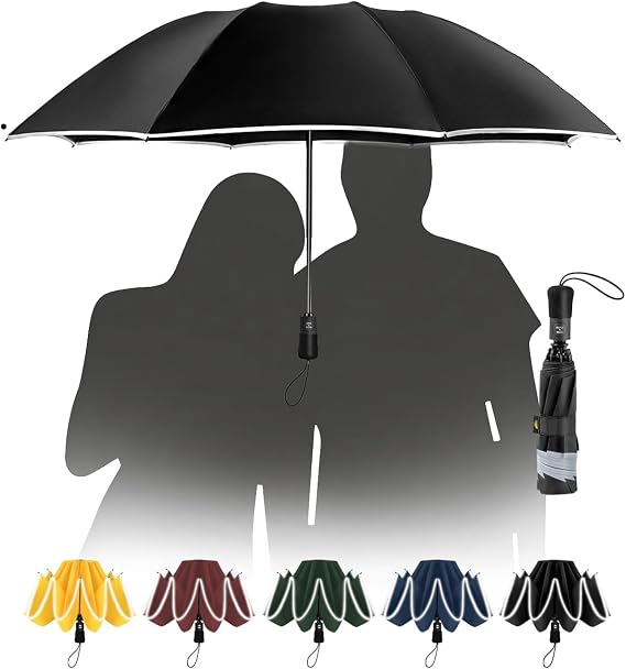 Umbrella Windproof Strong Compact Automatic Umbrellas - Black Umbrella for Men and Women, Portable Folding Umbrella for Travel with Reflective Stripes - Fits Car & Backpack for Wind and Rain