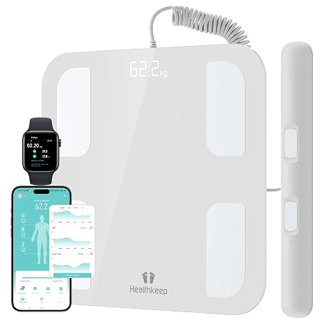 Healthkeep Scales for Body Weight and Fat with 8 Electrode Handles, Digital Smart Weight Scale - Bathroom Smart Weighing Machine with BMI Muscle Mass, Full Body 18 Composition Monitors on App, White