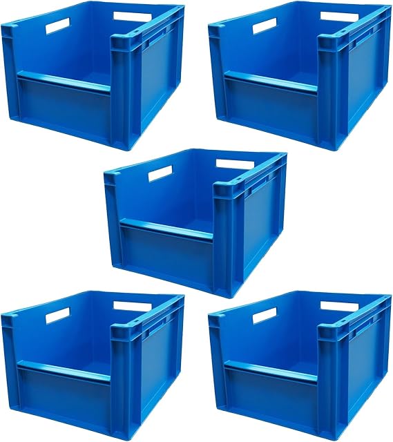 5x 20L Plastic Storage Boxes, Stackable Heavy Duty Crate, Container Crates for Warehouse, Garage, Blue Plastic Box