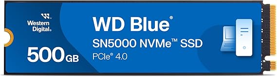 WD Blue SN5000 500GB SSD, M.2 2280 NVMe SSD, Read speeds up to 5000 MB/s, PCIe Gen4, nCache Technology, Free Acronis True Image data migration software, Internal solid state drive.