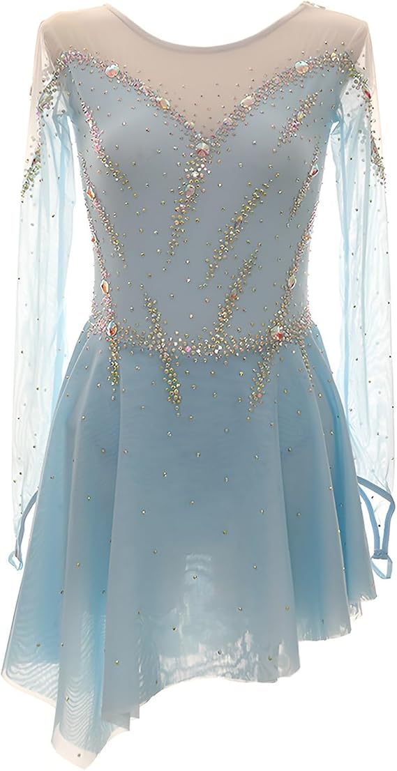 Women's Long Sleeves Figure Skating Dress with Shiny Rhinestones, Girl's Ice Skating Dresses for Competition