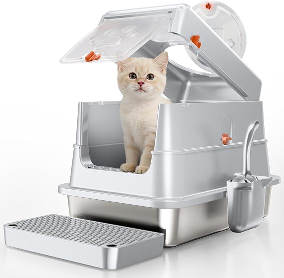 Stainless Steel Cat Litter Tray, Enclosed Cat Litter Box with Lid, High Sided Metal Litter Pan, Leak-Proof, Odor-Free&Non-Stick, Easy to Clean, Included Scoop & Pedal- Grey, Small