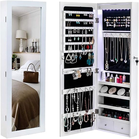 8 LEDs Mirror Jewelry Cabinet,Wall Mounted Jewelry Armoire Organizer,Lockable Jewelry Organizer with Non Full Length Mirror & Drawers (Style A)