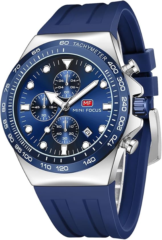 Mini Focus Men Watches Business Casual Wrist Watches (Multifunction/Waterproof/Luminous/Calendar) Genuine Leather Band Fashion Watch for Men (Blue)