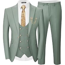 Men's 3 Piece Suits Slim Fit, Blazer Double Breasted Vest and Pants, Wedding Prom Business Suit with Gold Button