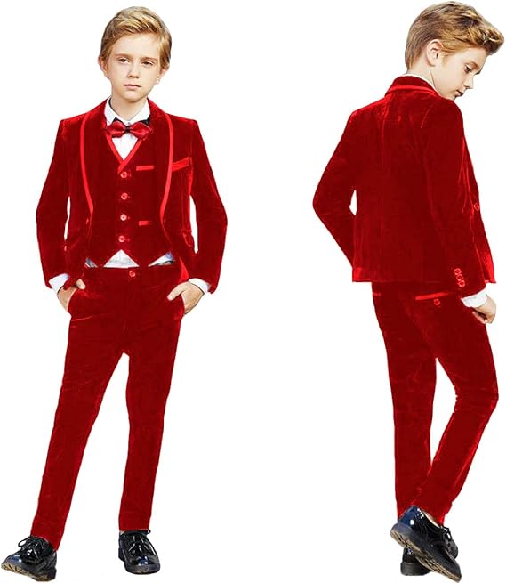Sxfashbrd Boys Velvet Slim Fit Suit 3 Pieces Blazer Vest Pants Tuxedos Formal Prom Party Outerwear Jacket Coats