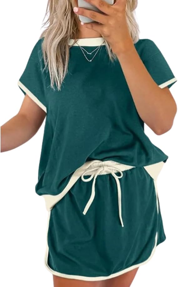 Pinklaura Short Set, Women's Colorblock Edge Drop Shoulder T-Shirt Skort Set, Women 2 Piece Outfits