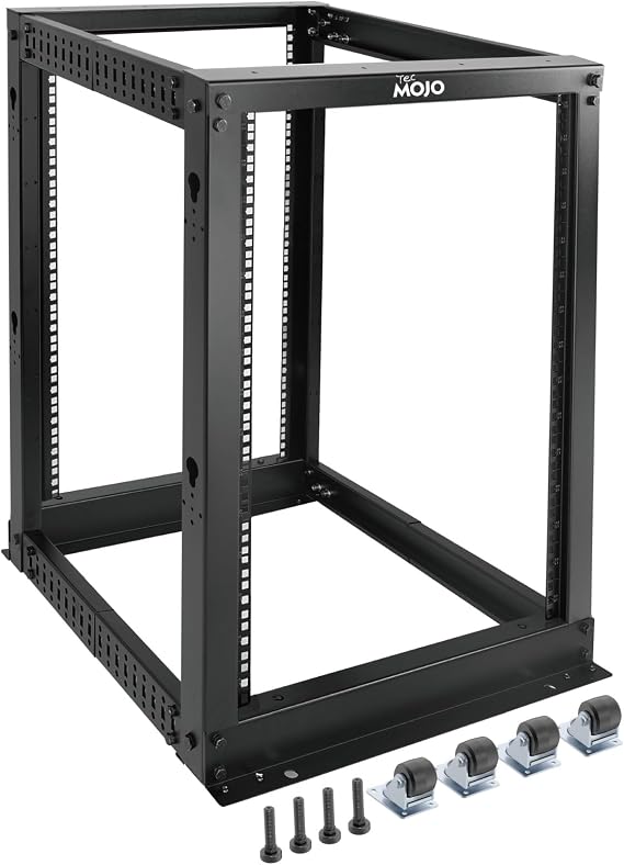 Tecmojo 15U Open Frame Server Rack,4-Post Adjustable Depth Rolling Network Rack for Computer/Data/AV/IT/Servers,Mobile Type