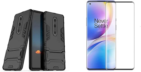Microcase Oneplus 8 Alfa Serisi Armor Standlı Perfect Koruma Kılıf + 3D Tam Kaplayan Cam - Siyah