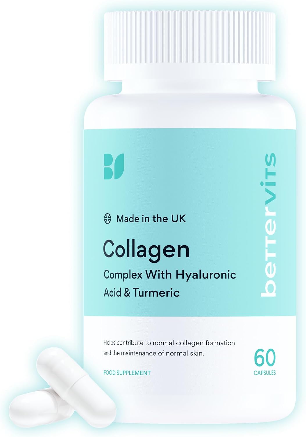 Bettervits Collagen Complex with Hyaluronic Acid and Vitamin C | Marine Collagen Supplements for Women and Men with Biotin | High-Strength Vitamin E for Skin, Hair, Nails, Joint Health - 60 Capsules