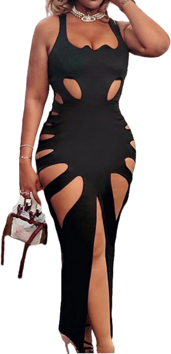 Womens Sexy Sleeveless Hollow Out Maxi Dress Tassel See Through Backless Bodycon Party Club Long Dress