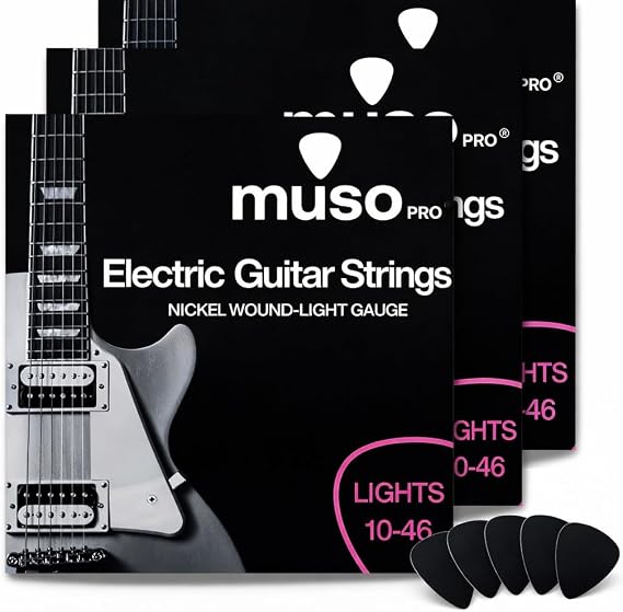 Electric Guitar Strings, 3 Pack, 10-46 Light Gauge, with 5 Free Picks Nickel Wound, Bright Balanced Tone.