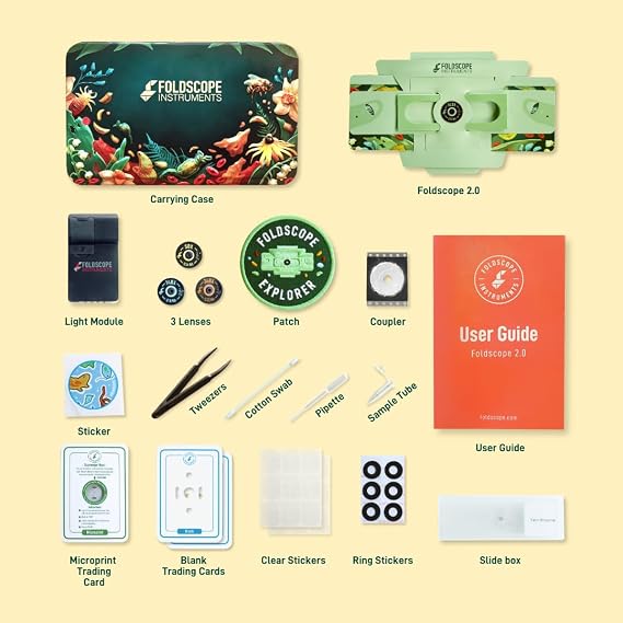 Foldscope Instruments, Inc. Explorer Kit - Green Metal Microscope Kit with 3 Lenses (50X, 140X, 340X), LED Light Source, Battery Powered, Compatible with Smartphone, Achromatic Objective Lens