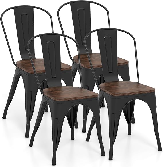 COSTWAY Stackable Metal Dining Chairs Set of 4 with Wood Seat and High Back