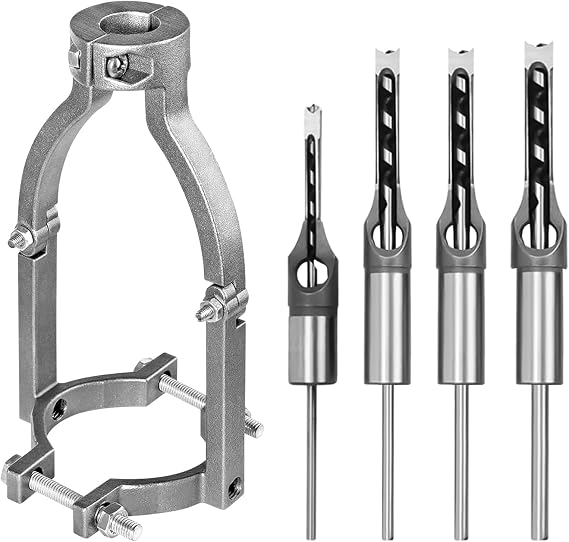 Square Hole Drill Bit & Adapter Set,Wood Mortiser Drill Bit Attachment,Mortising Chisel Set Drill Press Hollow Chisel Mortise Drill Tool for Mortise Machine (1/4, 5/16, 3/8, 1/2'')