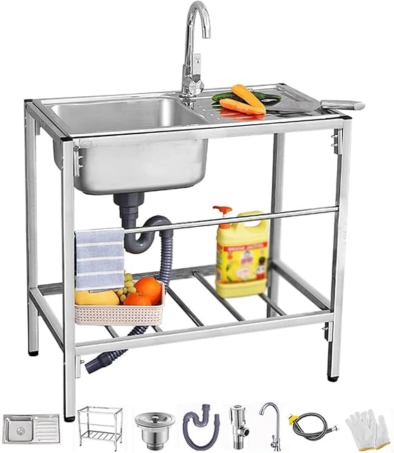 Multipurpose Free Standing Sink Workstation 29.5 x15.7 X 29.5 in Kitchen Laundry Sink Prep & Utility Washing Hand Basin Silver