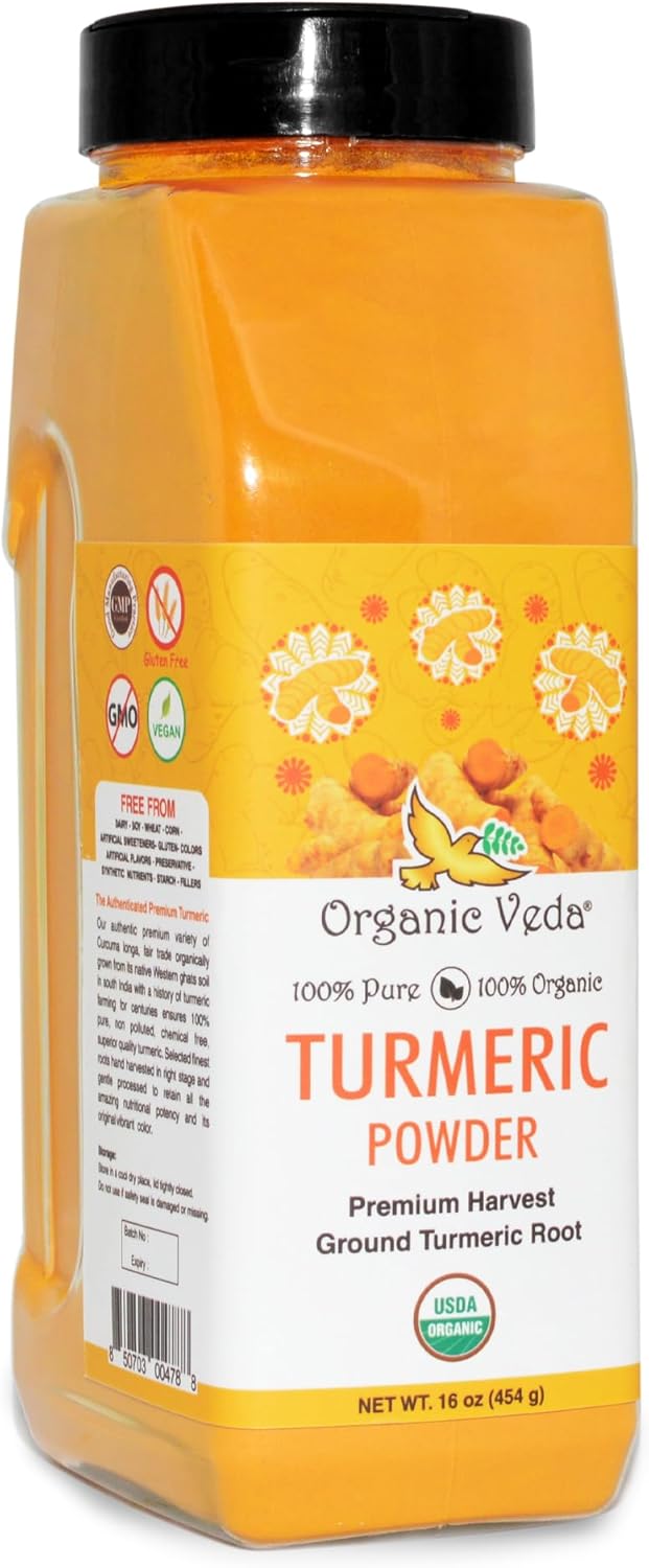 Organic Veda Turmeric Powder, Native Single Origin - True Golden Yellow Curcumin Rich, USDA Organic Turmeric Root Powder 100% - Gentle Dried & Powdered Turmeric for Cooking, Milk, Smoothie - 16oz