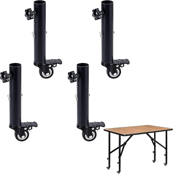 4 Pcs Adjustable Table Leg Extenders with Wheels, Metal Table Leg Risers with Swivel Castors Brake, Heavy Duty Furniture Risers for Straight and Curved Legs Table Chair, 2 Levels Height
