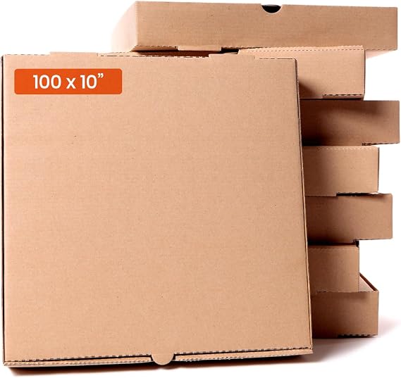 Brown Pizza Boxes 10 inch (Pack of 100) with Rear Vent Hole, Plain Pizza Style, Sturdy Disposable Food Boxes, Easy to Assemble