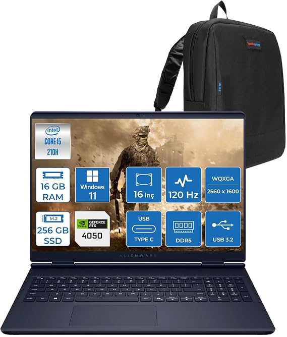 Dell Alienware 16 Aurora Intel Core 5 210H 16GB DDR5 256GB SSD RTX4050 6GB 85W Windows 11 Home 16" WQXGA(2560x1600) 120Hz 300Nits Taşınabilir Bilgisayar AC16250H01 + Zetta Çanta