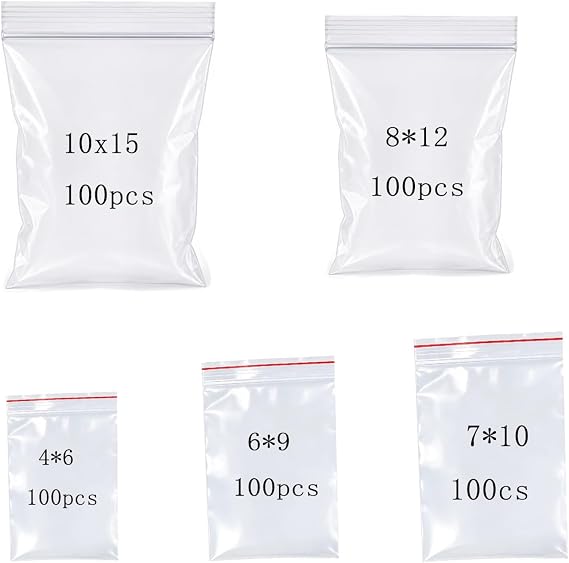 500Pcs Small Clear Bags,5 Sizes Thick Reusable Seal Pouches