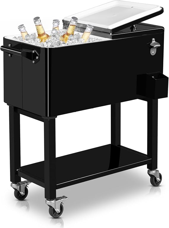 80 Quart Rolling Ice Chest on Wheels, Portable Party Bar Cold Drink Beverage Cart Tub for Outdoor Patio Deck, Dark Brown Wicker Faux Rattan Tub Trolley, Wheels