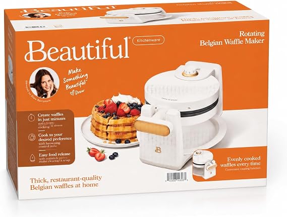 Rotating Belgian Waffle Maker, Black, by Drew Barrymore Flower, Makes 1-Inch Thick Waffles, Stainless Steel (Cornflower Blue)