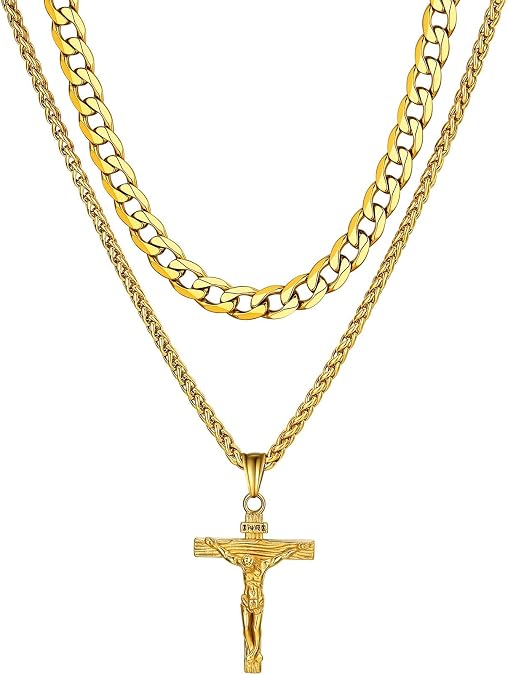 ChainsHouse Mens Cross Necklace Stainless Steel Layered Chain Cross Pendant