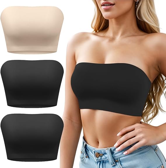 Strapless Seamless Bandeau Bralette Wireless Tube Top Bra, 3 Pieces