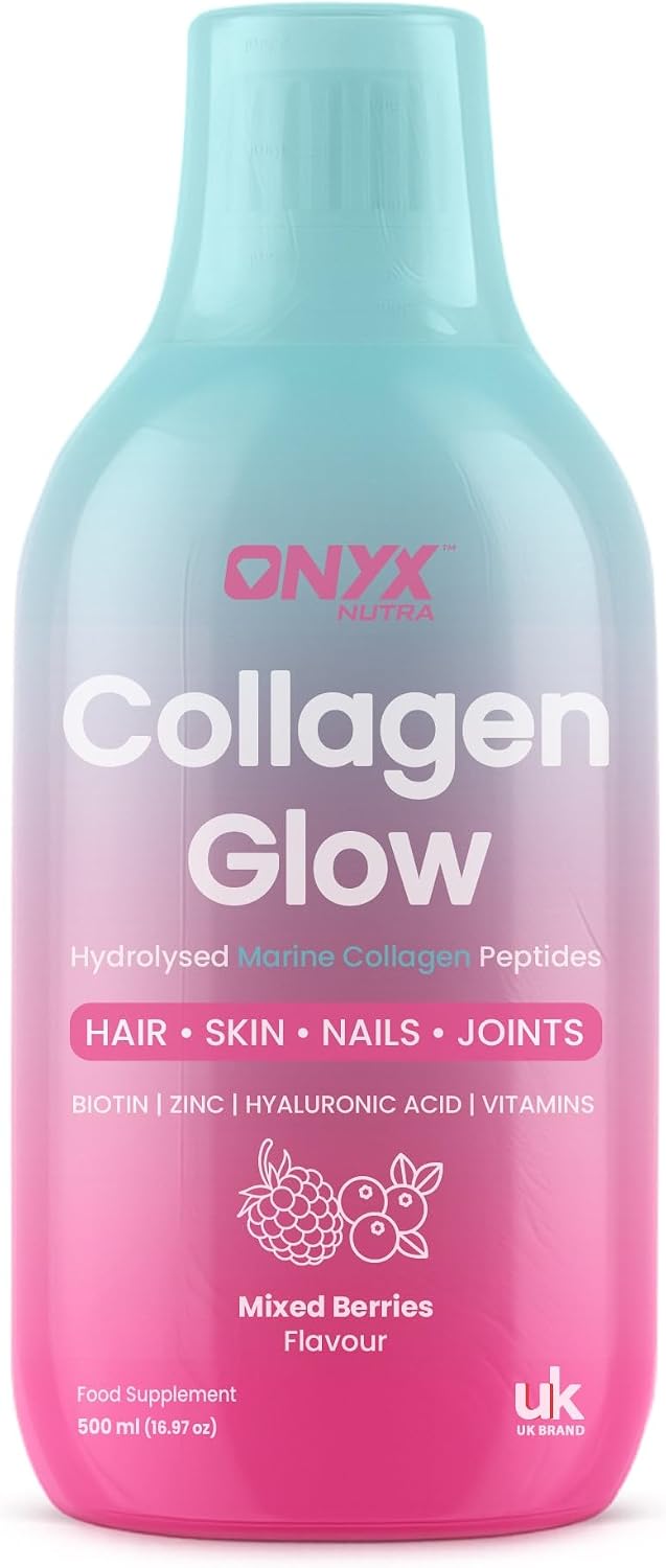 Marine Liquid Collagen Glow with Hyaluronic Acid, Mixed Berry - Biotin & Vitamin C | 500ml 20 Servings | 10000mg Marine Collagen Peptides | High Absorption Collagen Liquid Supplement for Women