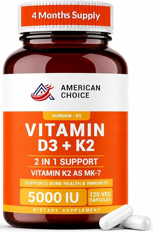 Vitamin D3 K2 5000 IU Supplement, Enhanced Bone, Heart & Immune Support - Supports Calcium Absorption, Non-GMO, Gluten-Free 100mcg K2-120 Veg Capsules