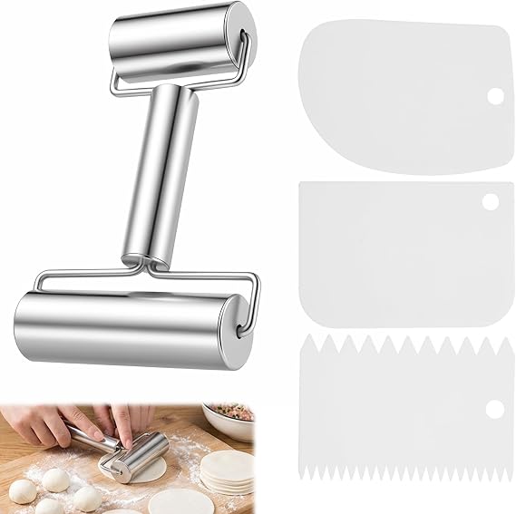 Stainless Steel Rolling Pin with 3Pcs Dough Scrapers, Double Pastry Pizza Dough Roller Non-Stick H-Shape Metal Kitchen Utensil for Baking Pie, Crust, Cookies, Pastries