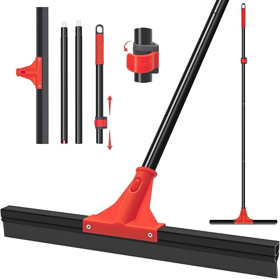 Floor Squeegee with 44.5CM Silicone Rubber Scraper Head and 148CM Long Adjustable Handle, Heavy Duty Shower Squeegees for Concrete Floor, on Multi-Surface Tile Glass Pool Garage Cleaning
