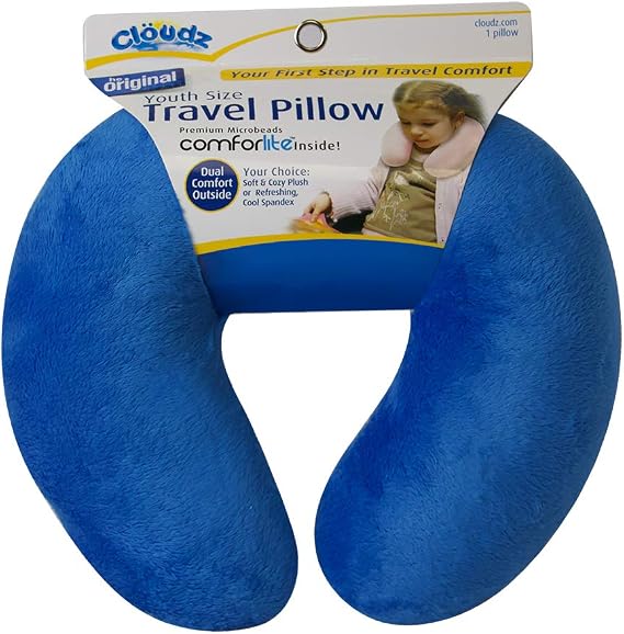 Kids Dual Comfort Microbead Airplane Travel Neck Pillow. Super Soft Cozy Plush on One Side, Cool Relaxing Spandex on The Other! Keep Your Kids Comfy and Supported at Home or On The Go! - Blue