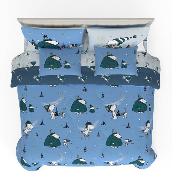 Collectibles Peanuts Snoopy Puffer Holiday & Christmas Bedding Super Soft Comforter and Sheet Set with Sham, 7 Piece King Size (Officially Licensed Product) By Franco