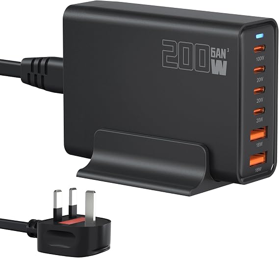 200W 6-Port USB Charging Station, PD 100W 65W 45W 20W 18W USB C GaN III Charger Laptop & Phone Fast Charger Plug, Compatible with MacBook Pro/Air,Dell XPS, iPhone 15/16/14/ Pro, iPads, Steam Deck