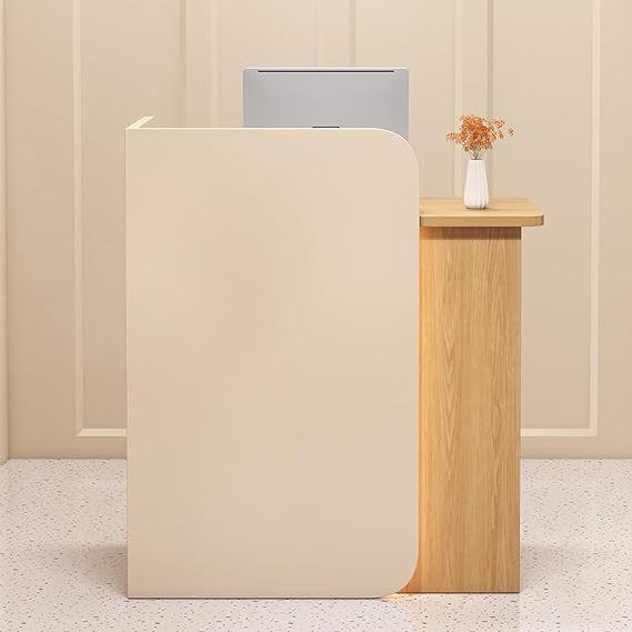 Modern Reception Desk with Storage Drawers and Open Shelves, Front Counter Table for Office, Salon, Lobby, Retail Store, or Home Workspace