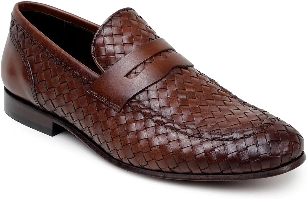 Belvedere Mens Luca Woven Calf Leather Penny Loafers