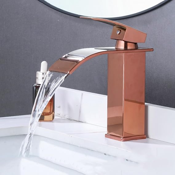 Waterfall Basin Tap Hot and Cold Single Hole Taps for Bathroom Basin Single Lever Mixer,Rose Gold,Short charitable