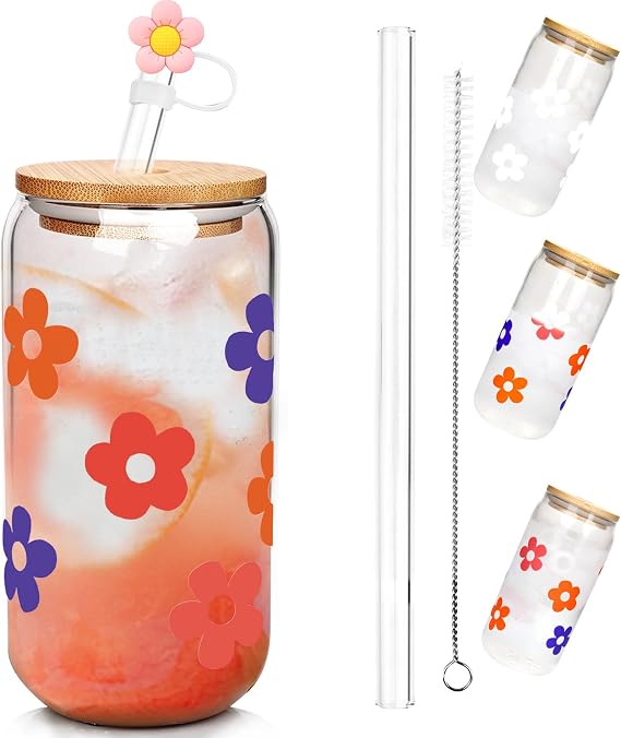 Mason Life Cute Glass Cups with Lids and Straws, 18oz Color Changing Cups