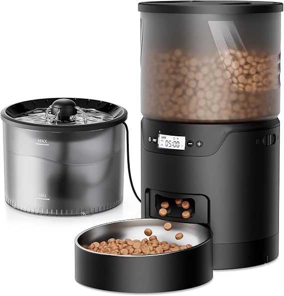 IMIPAW PET Automatic Cat Feeder and Water Fountain: 3L Timed Precise Cats Food Dispenser& Reliable Programming 1-6 Meals/Day- 3L Cat Water Dispenser with Filter- Auto Pet Feeder Easy to Clean