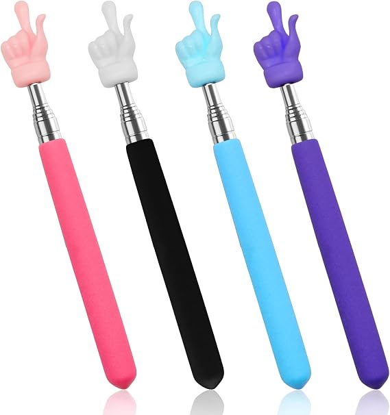 4Pcs Telescopic Teachers Pointer, Mini Extendable Hand Pointer Finger Pointer Stick, Retractable Classroom Pointer for Elementary School Kindergarten Teacher Supplies (Black Pink Blue Purple)