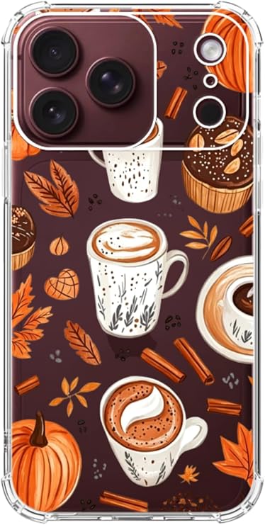 クリア コージー オータム スマホケース iPhone 18 Pro Max用 秋 パンプキン スパイス ラテ パターン 電話カバー、トレンディなTPU保護電話ケースカバー